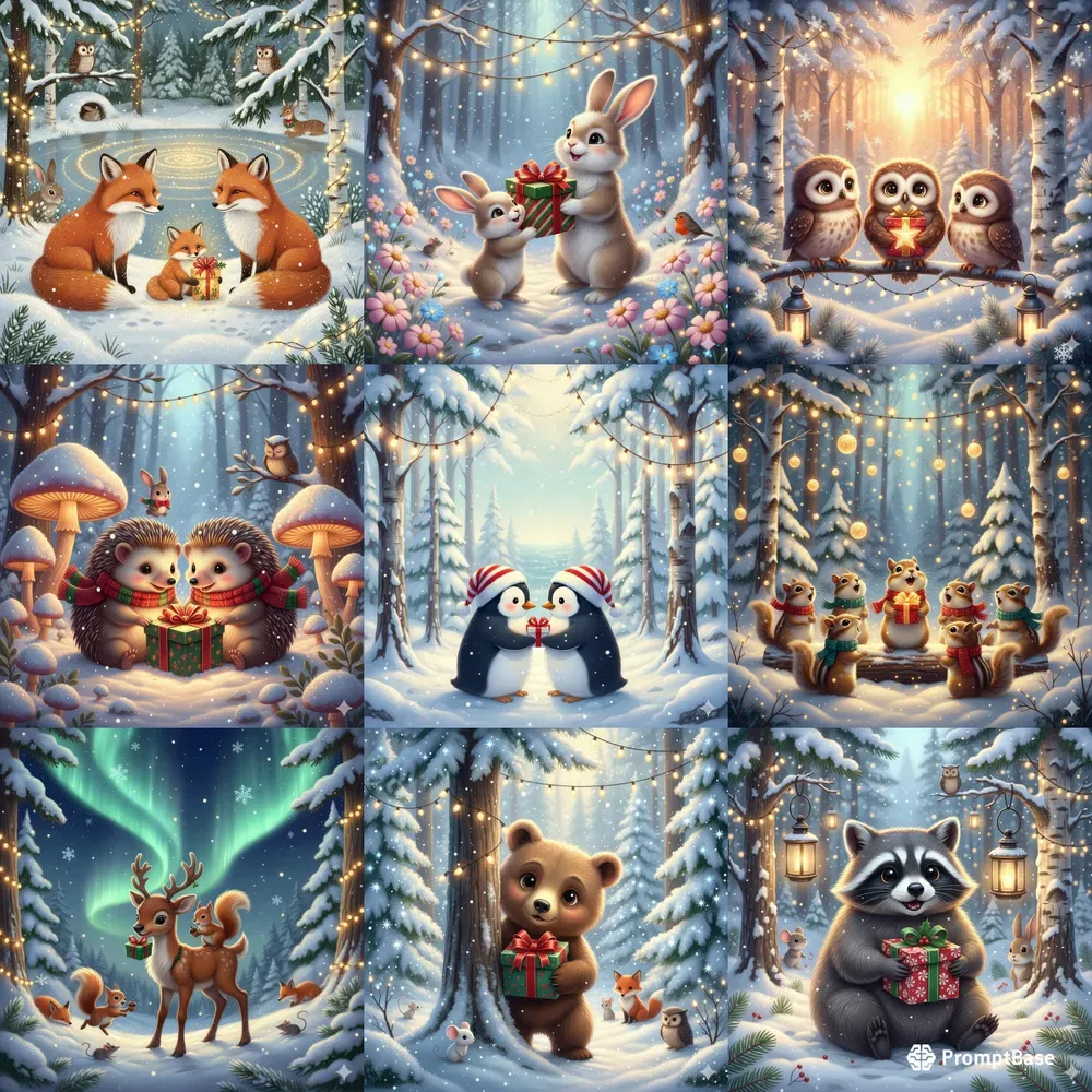 Woodland Animals Sharing Christmas Gifts