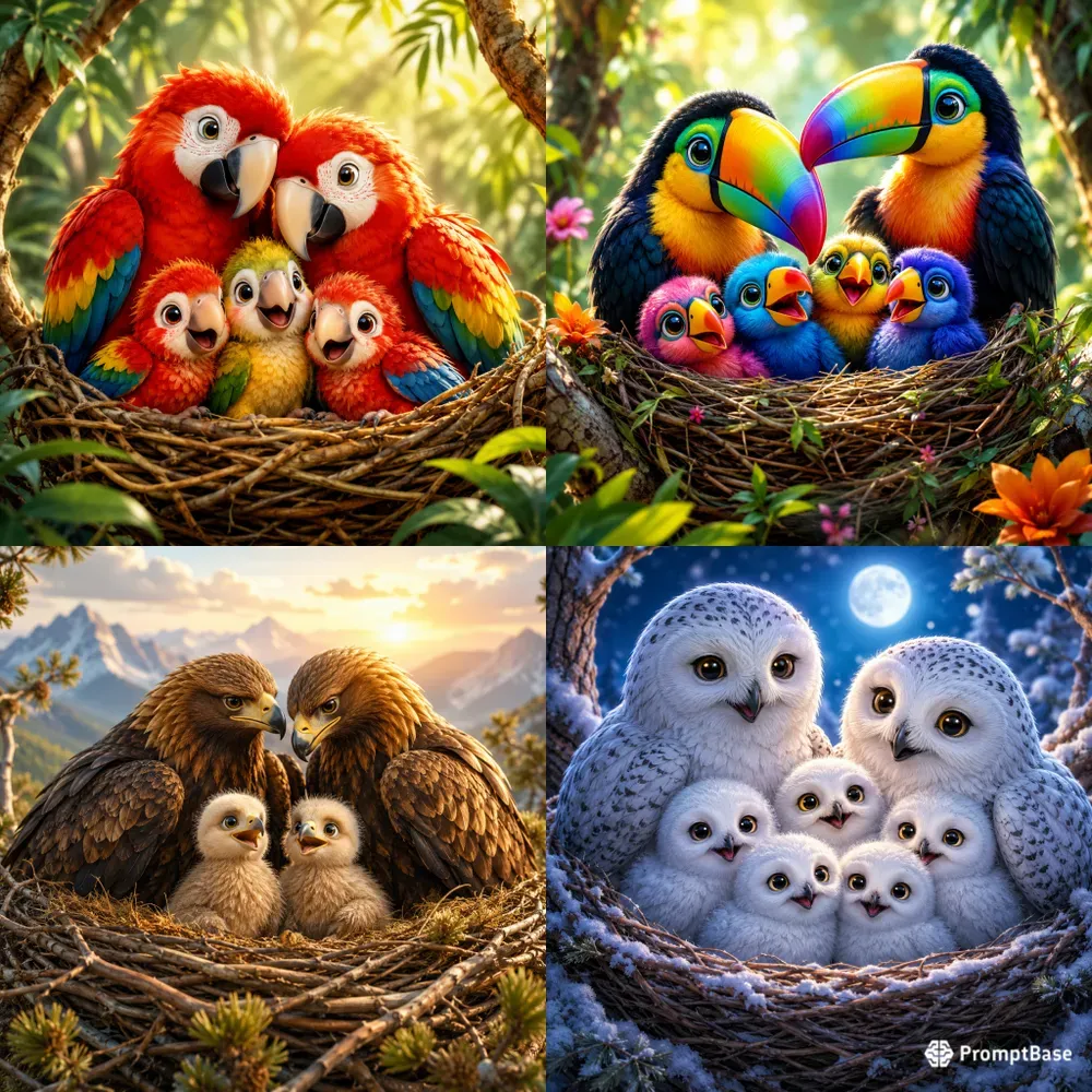 Cute Bird Family Nest Portraits