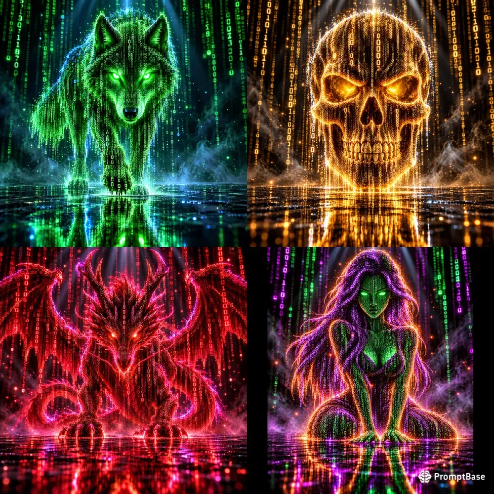 Glowing Code Rain Creatures Matrix