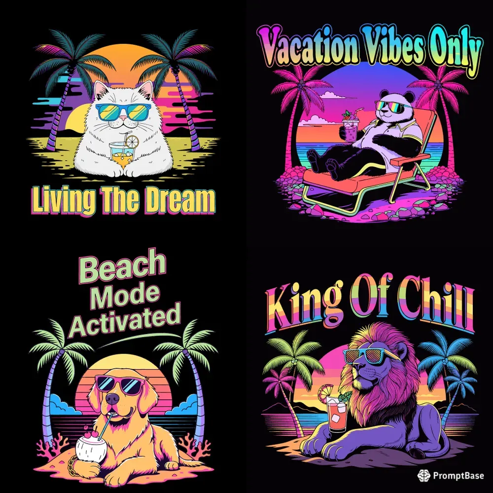 Neon Retro Animal Vacation Tshirt Designs
