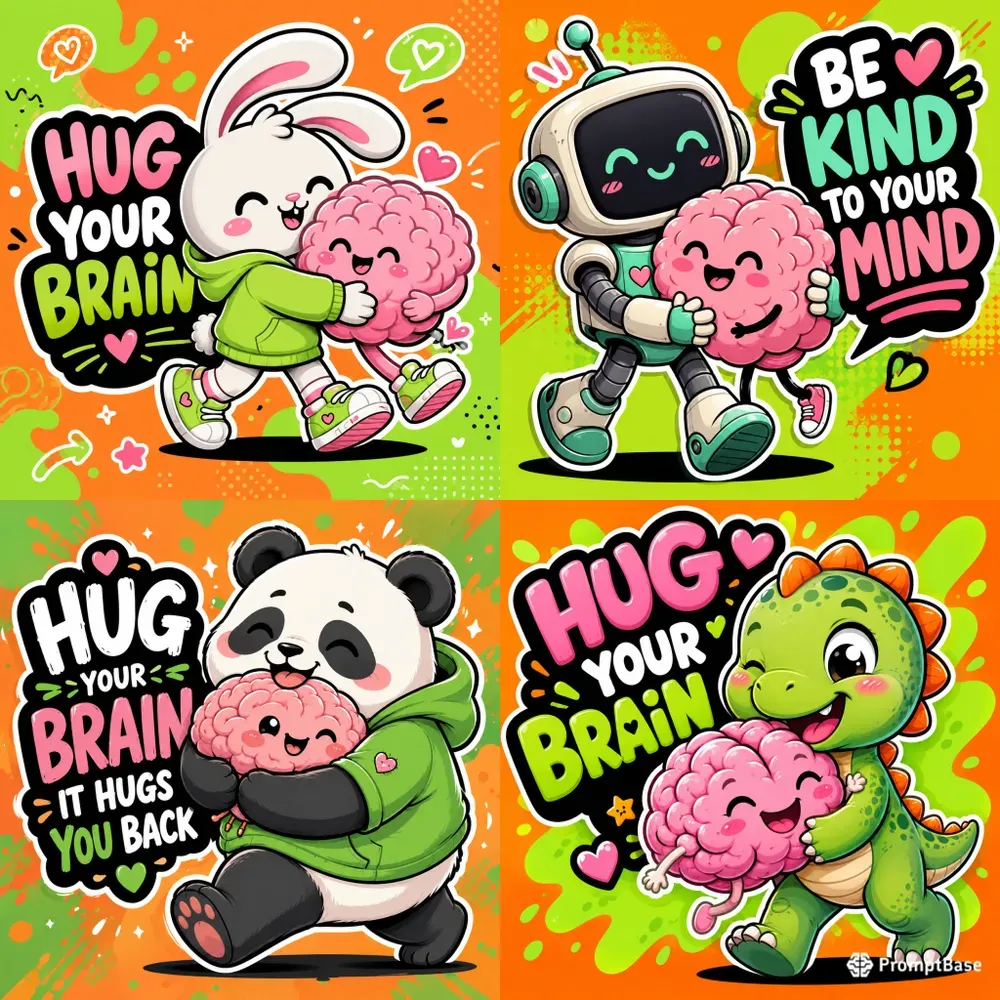 Cute Brain Hug Cartoon Style Art