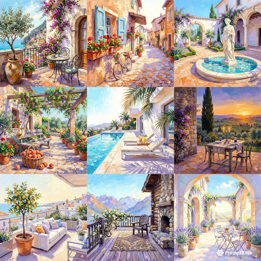 Sundrenched Impasto Terrace Scenes