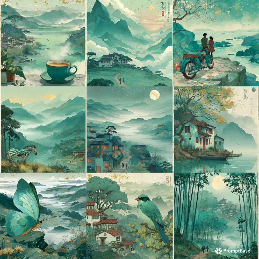 Ink Wash Teal Ghibli Gold Art