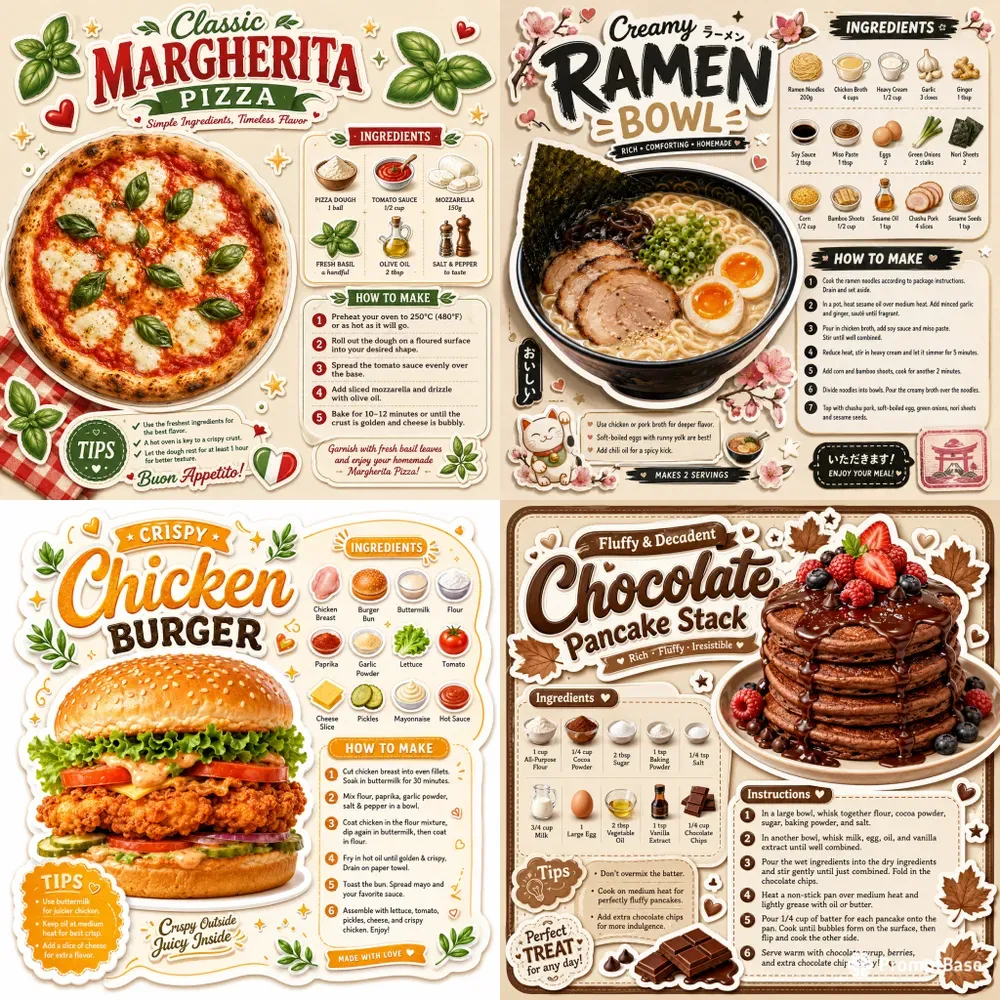 Sticker Style Food Recipe Posters