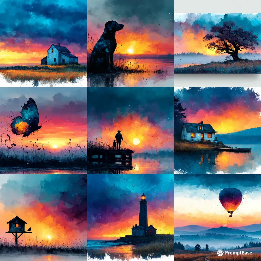 Gouache Sunset Silhouettes Warm Glows
