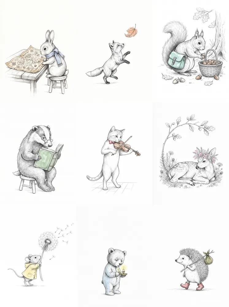 Vintage Ink Sketch Spot Color Animals