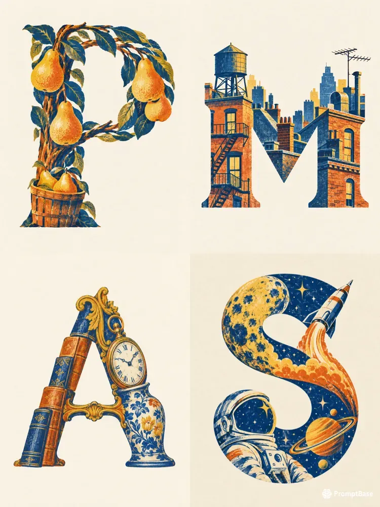 Color Lithograph Monogram Art Prints