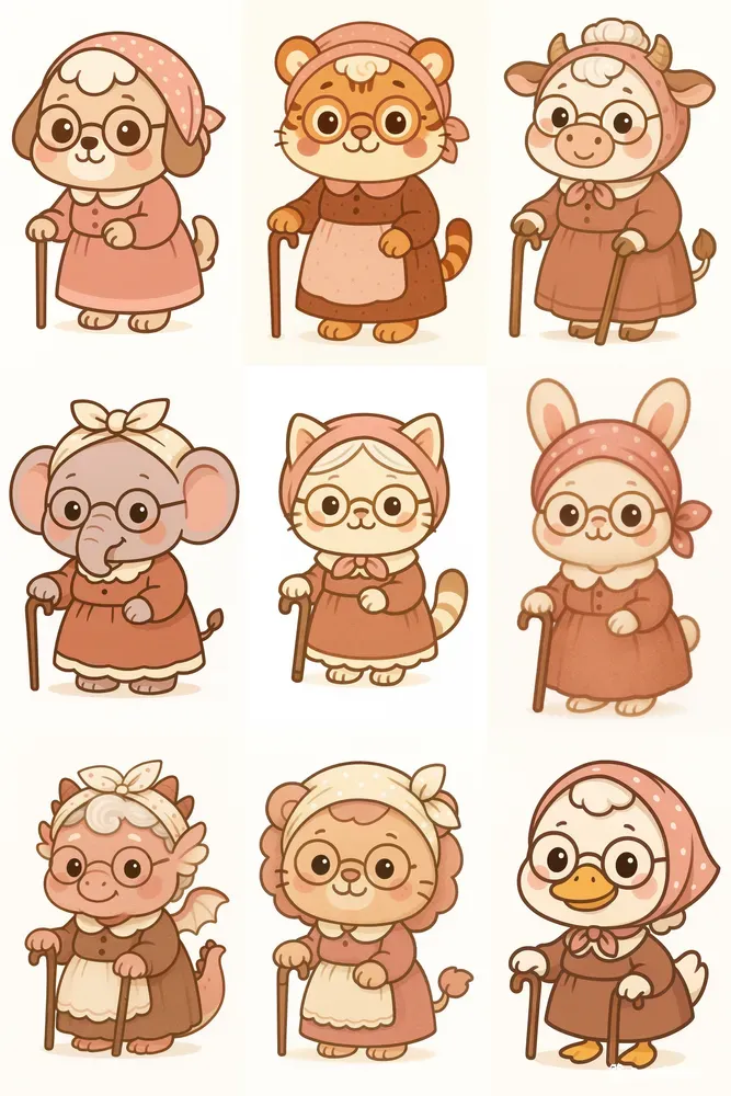 Kawaii Grandma Characters Cozy Cute Art