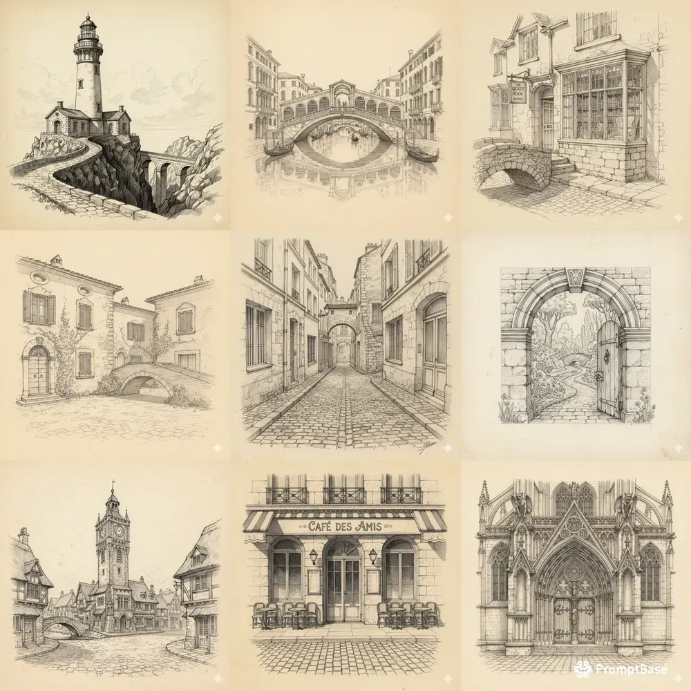 Old World Architecture Pencil Sketches