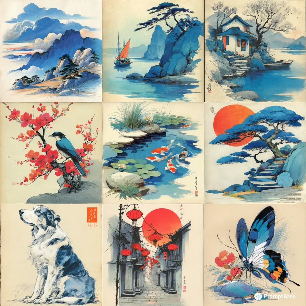 Woodblock Ink Pastel Vintage Prints