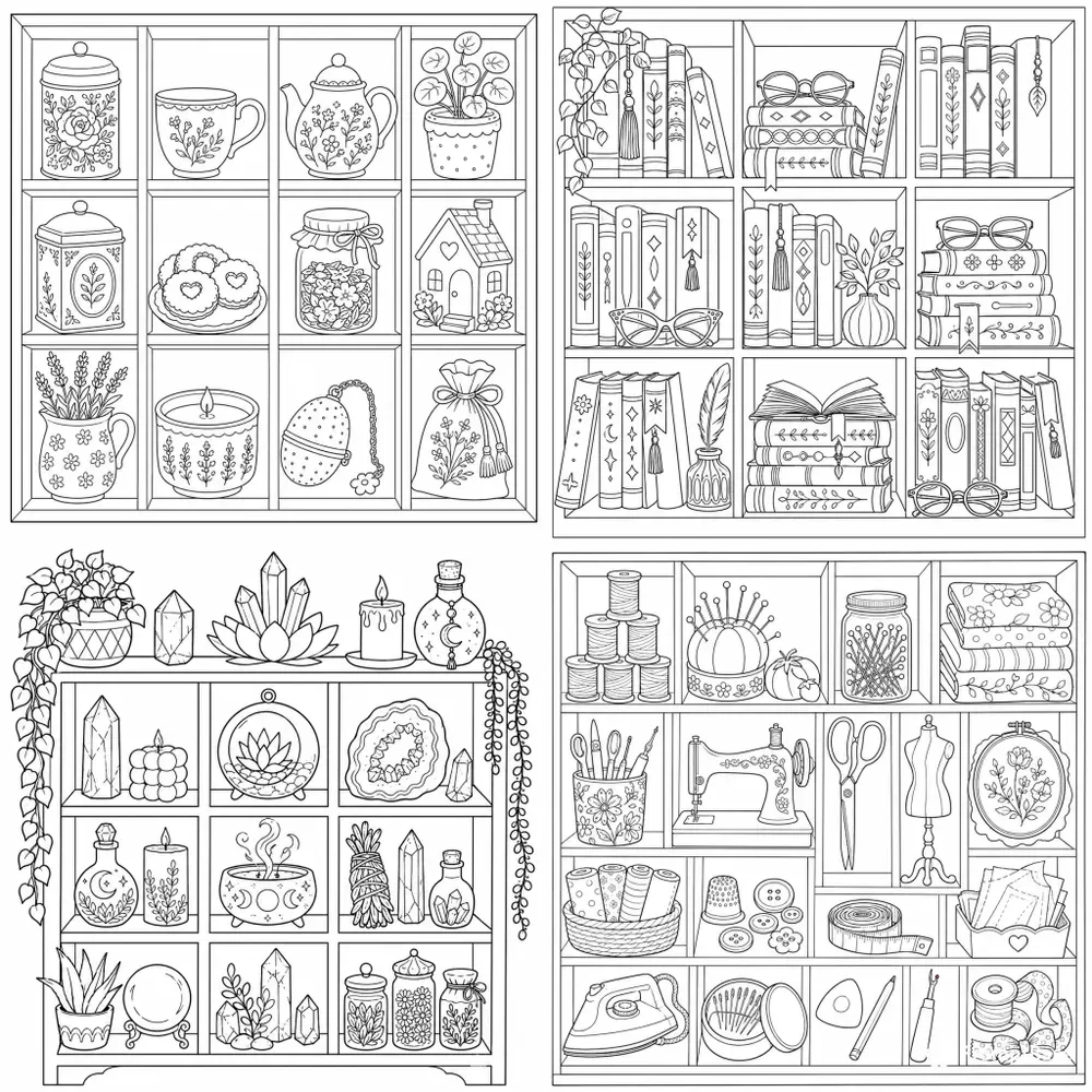 Cozy Shelf Coloring Page Builders