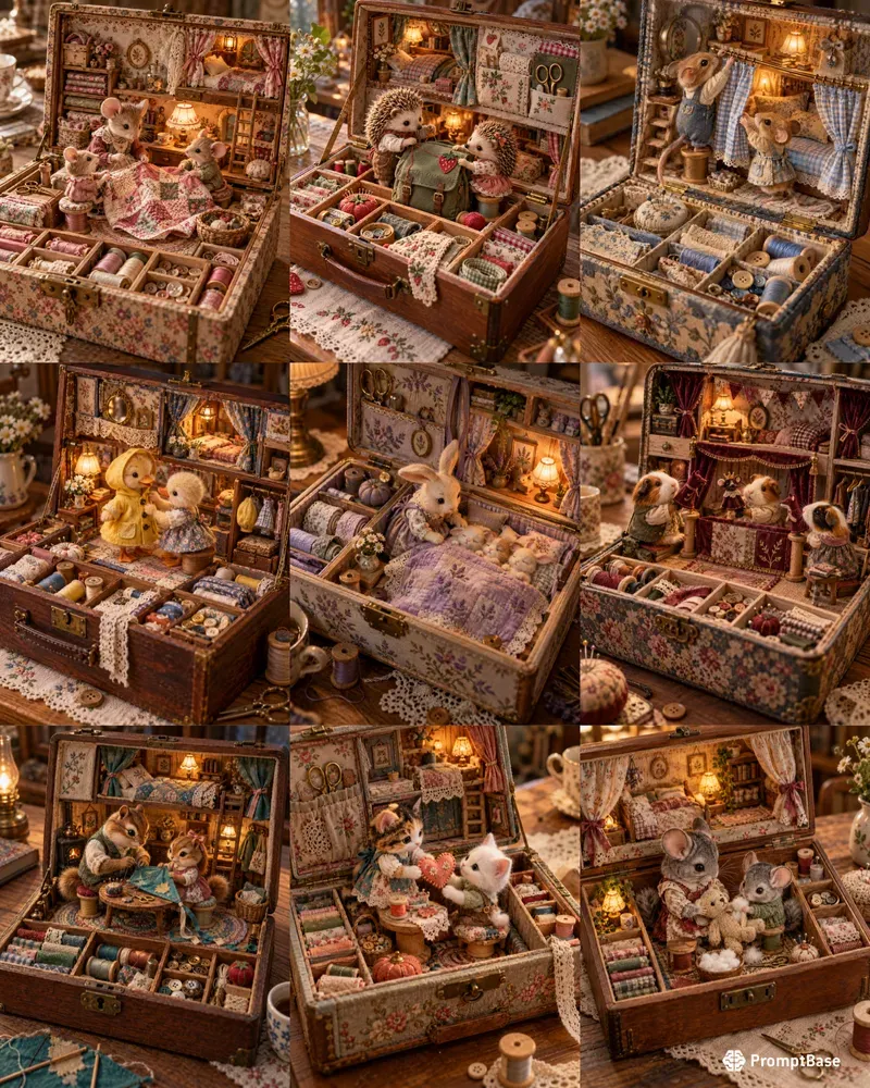 Miniature Animal Sewing Box Dioramas