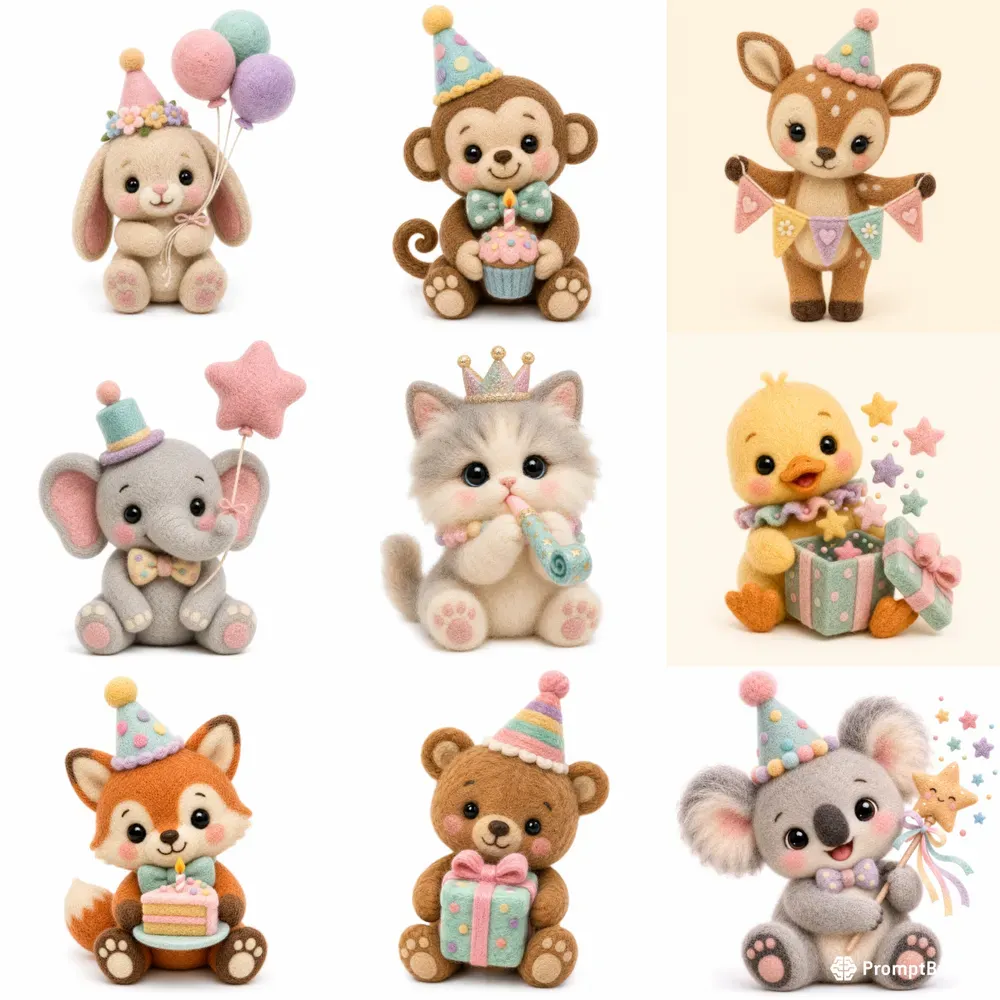 Pastel Felt Birthday Animal Cliparts