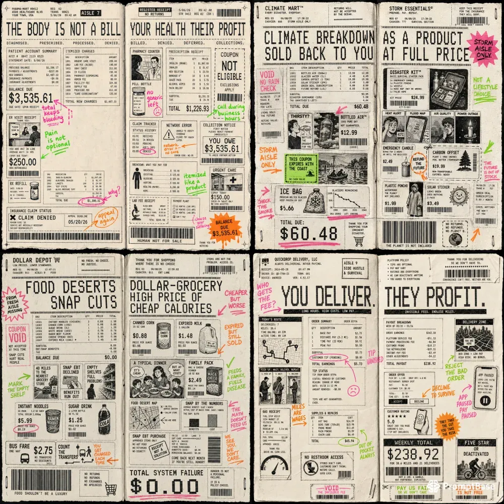 Fluorescent Receipt Zine Spreads