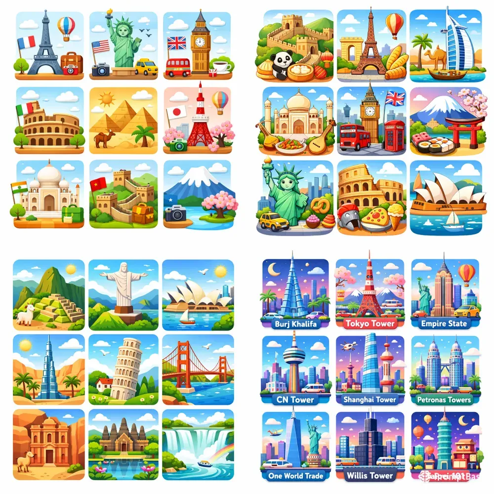 Cute Illustrated World Landmarks Grids