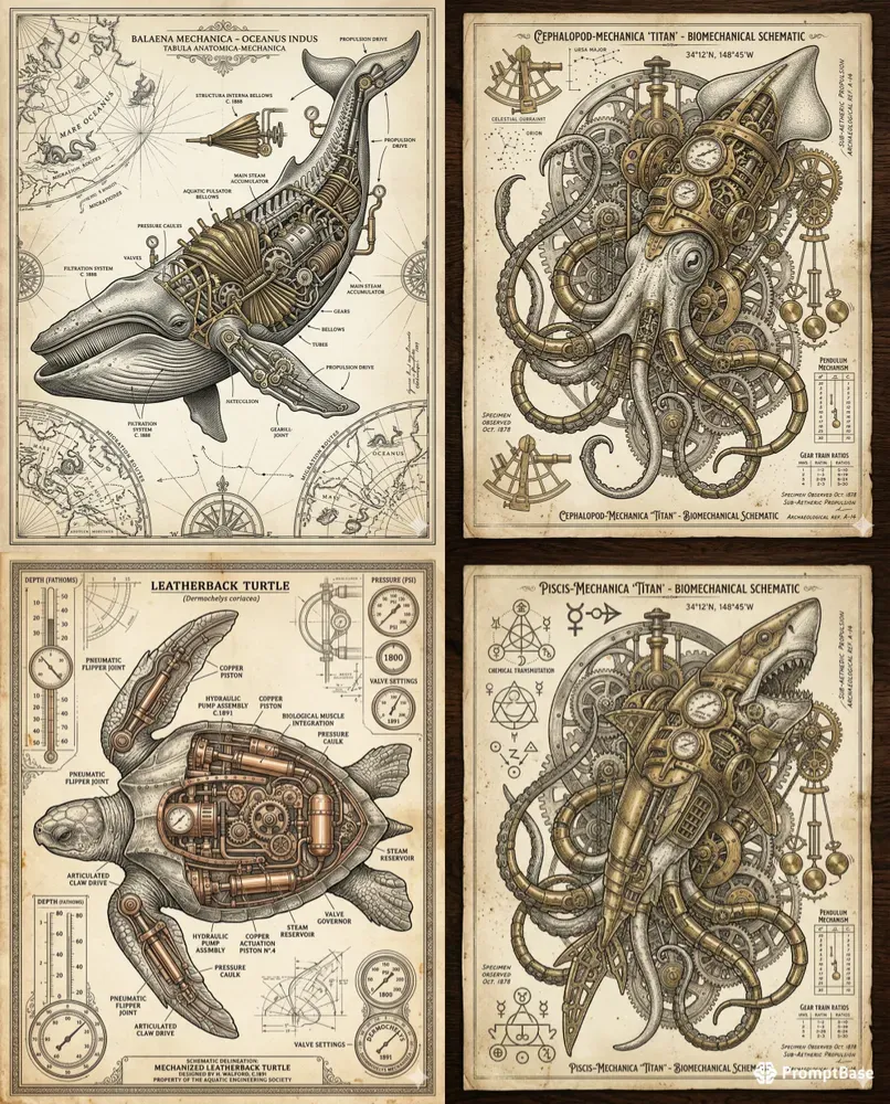 Elite Steampunk Marine Life Line Art