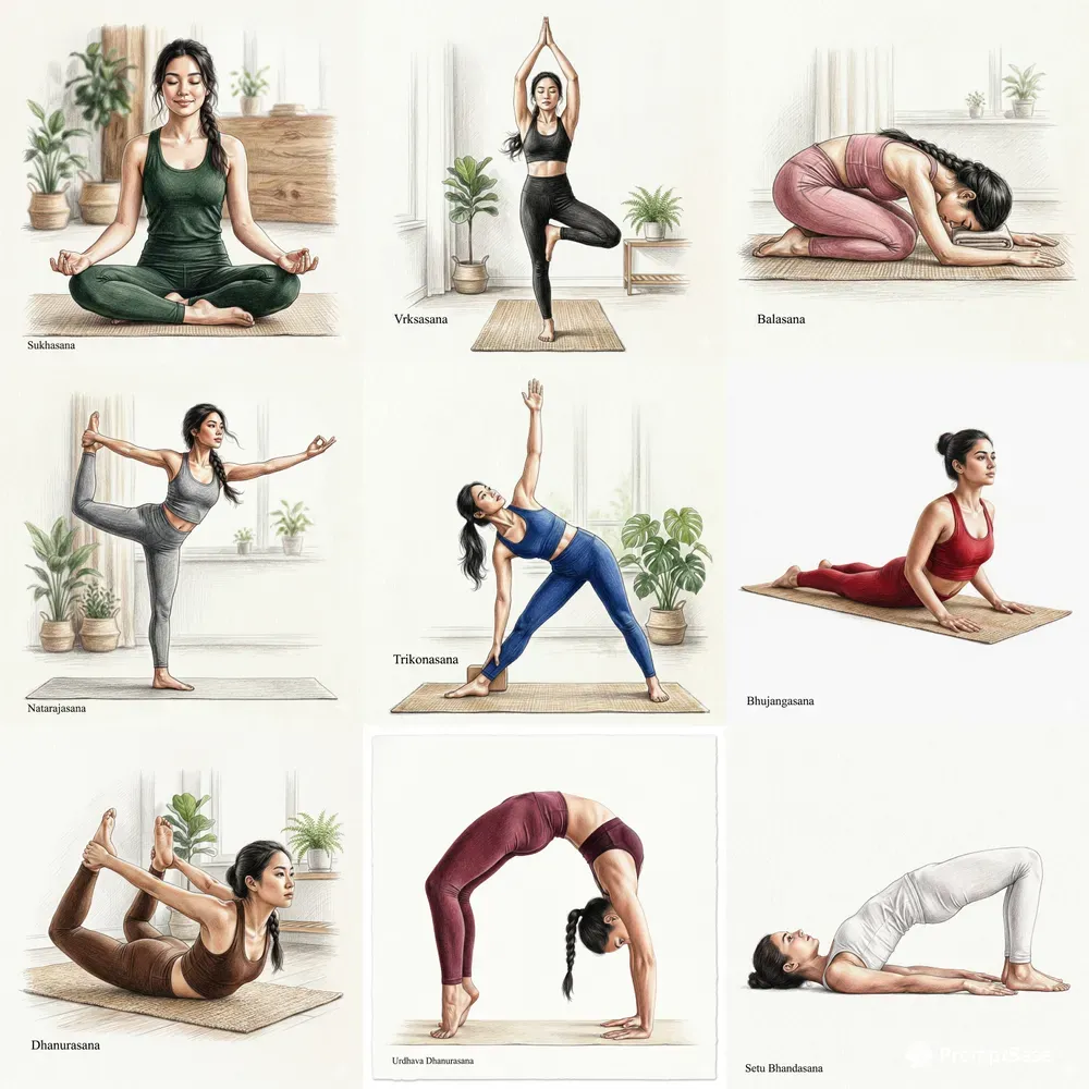 Color Pencil Yoga Pose Illustrations