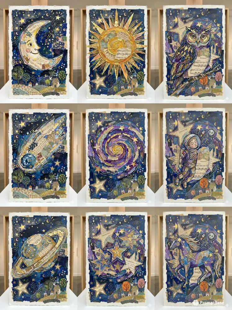 Celestial Naive Mixed Media Art