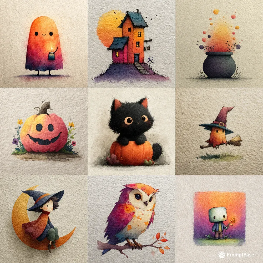 Watercolor Halloween Icon Print Art Packs