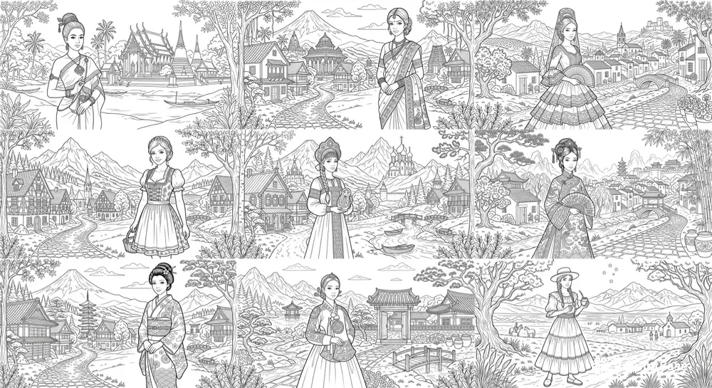Traditional Dresses In Elegant Line Art