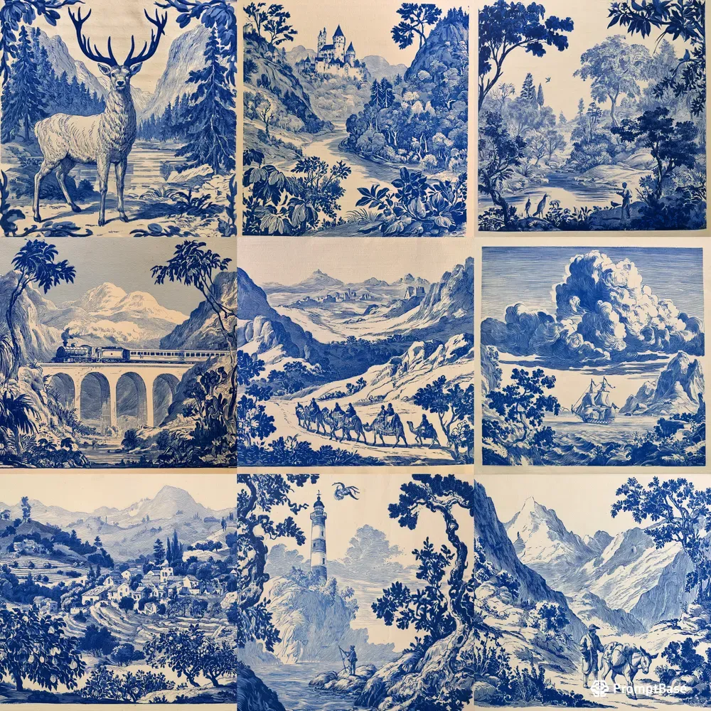 Vintage Blue Ink Engravings