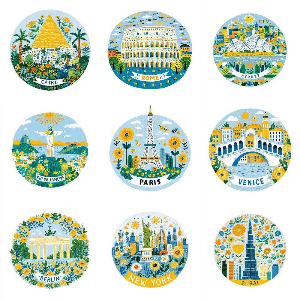 Cute Folk Art Landmark Stickers