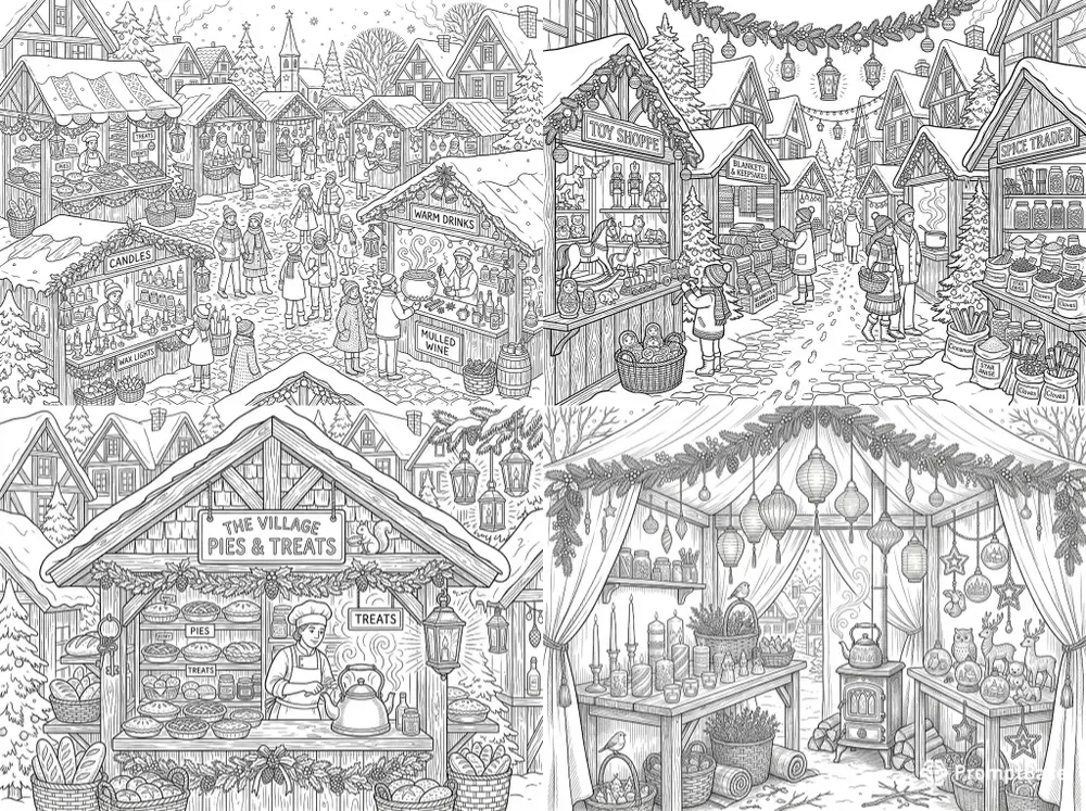 Enchanted Winter Village Market Colorings