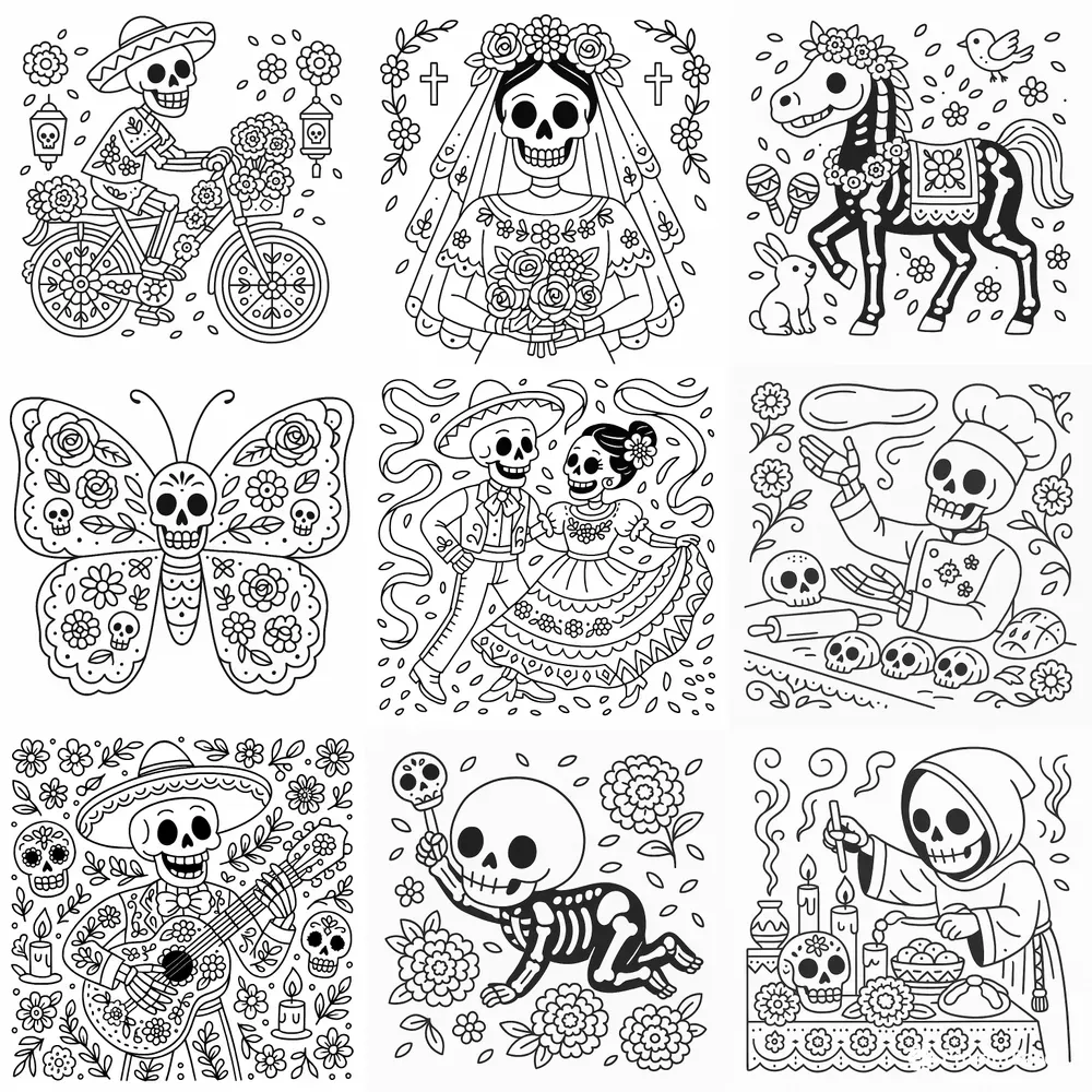 Folk Dia De Los Muertos Coloring Pages
