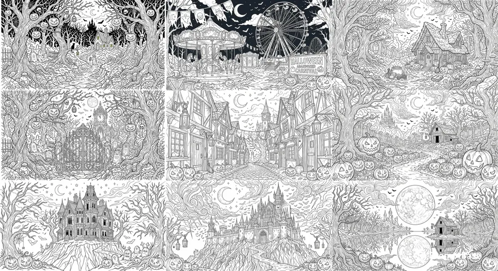Halloween Spooky Scenery Line Art