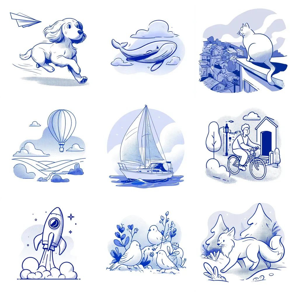 Blue Halftone Line Illustrations