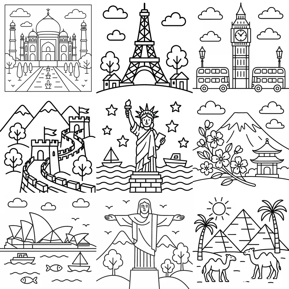 Around The World Landmarks Coloring Pages
