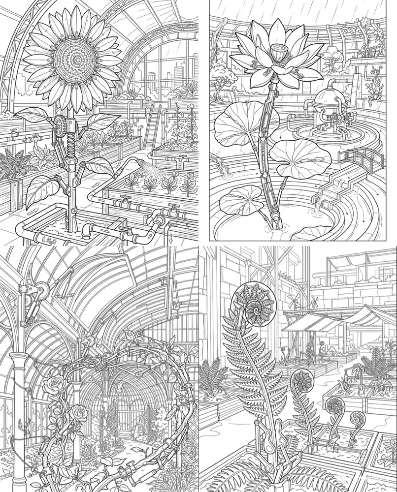 Mechanical Garden Coloring Scenes