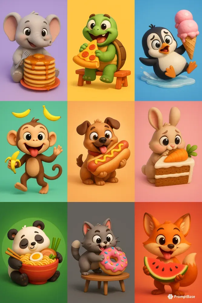 Adorable 3D Cartoon Animals With Food