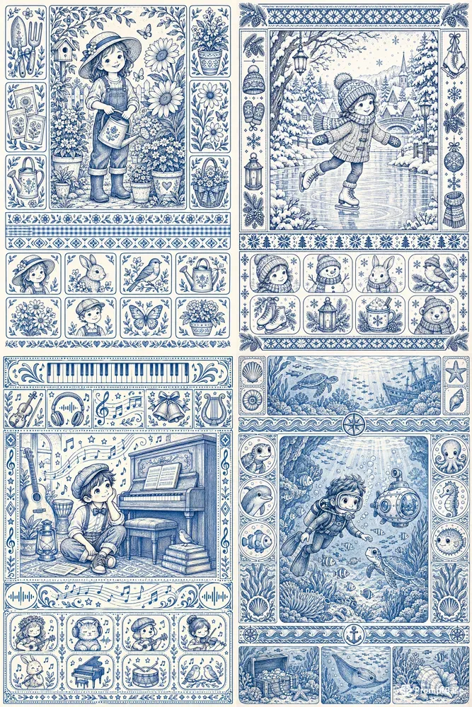 Blue Ink Whimsy Coloring Sheets