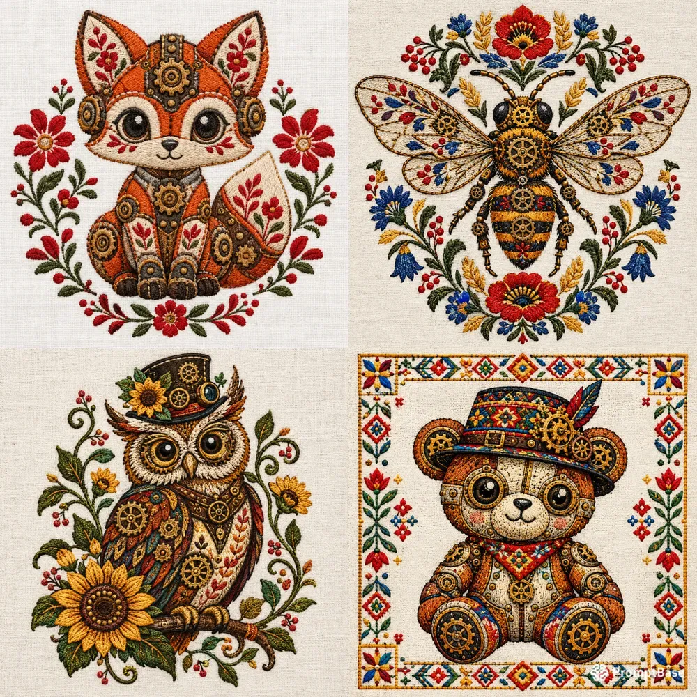 Mechanical Folk Embroidery Patches