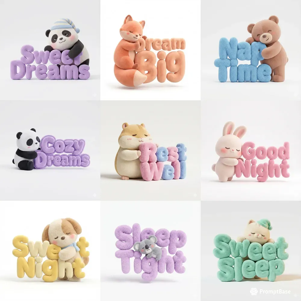 Cute Plush Mascots Hugging Soft 3D Texts