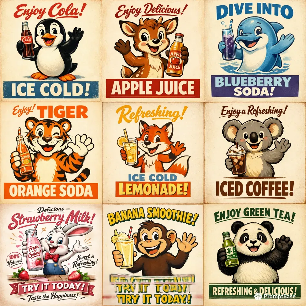 Vintage Cartoon Animal Drink Posters