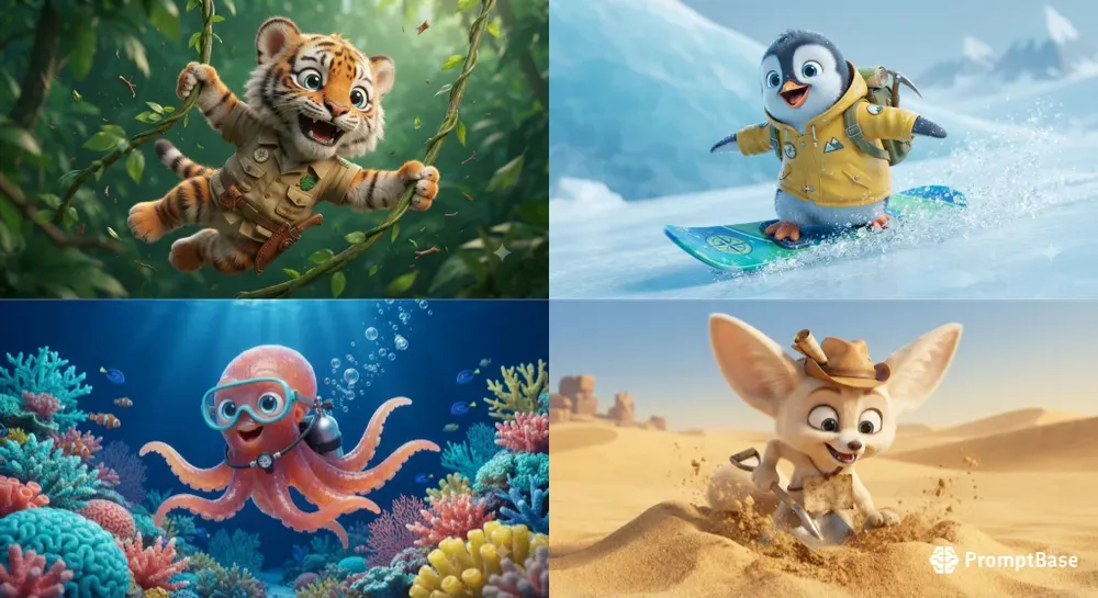 Cute 3D Adventure Mascots In Action