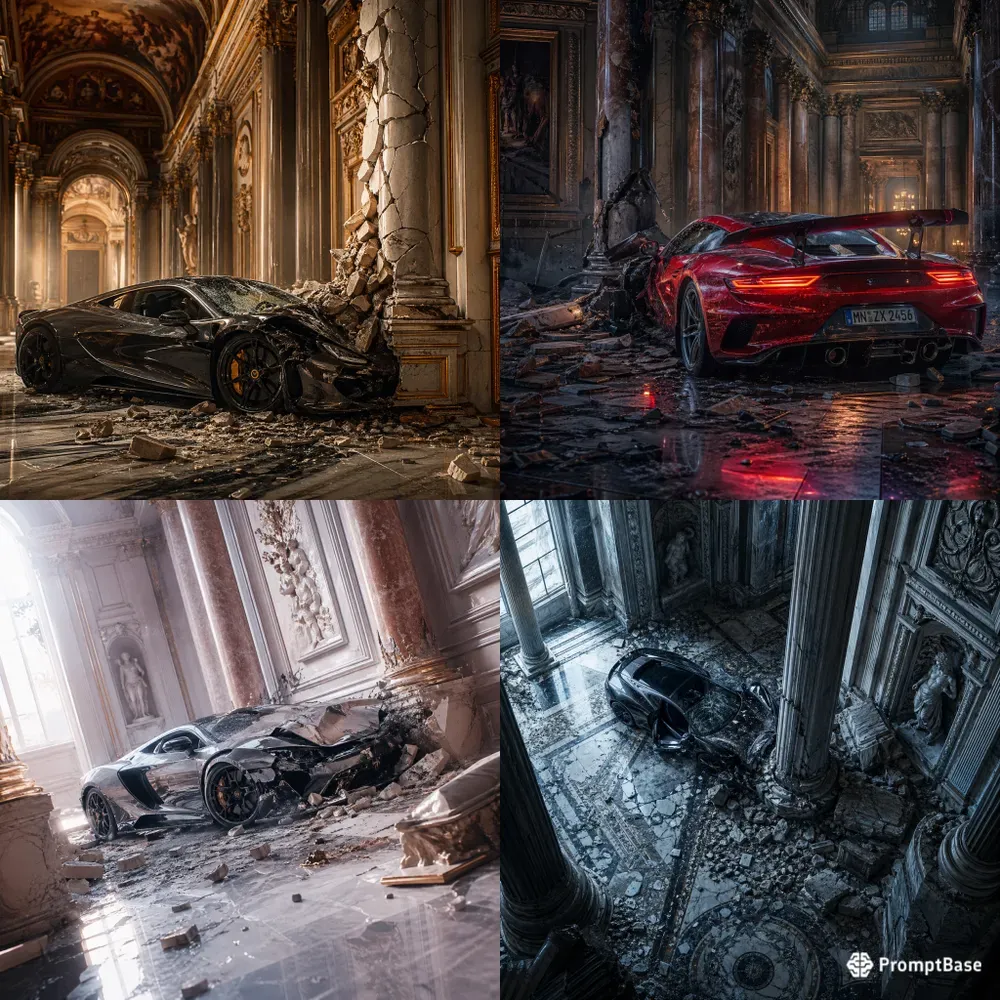 Crashed Supercars In Grand Hall Scenes