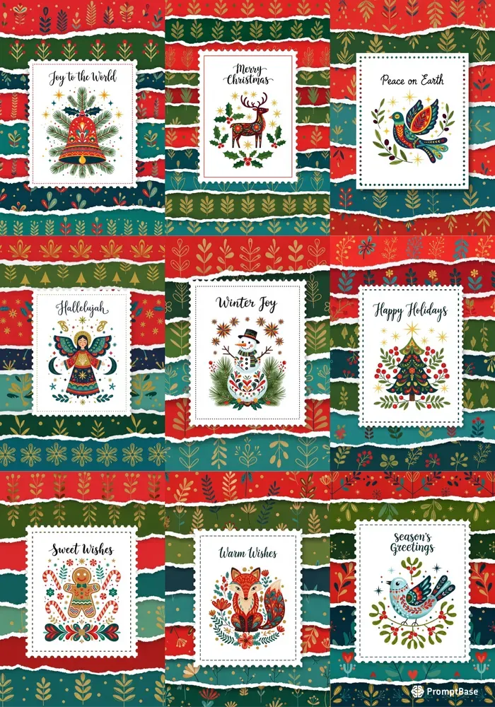 Folk Art Christmas Stamps Cards Clipart