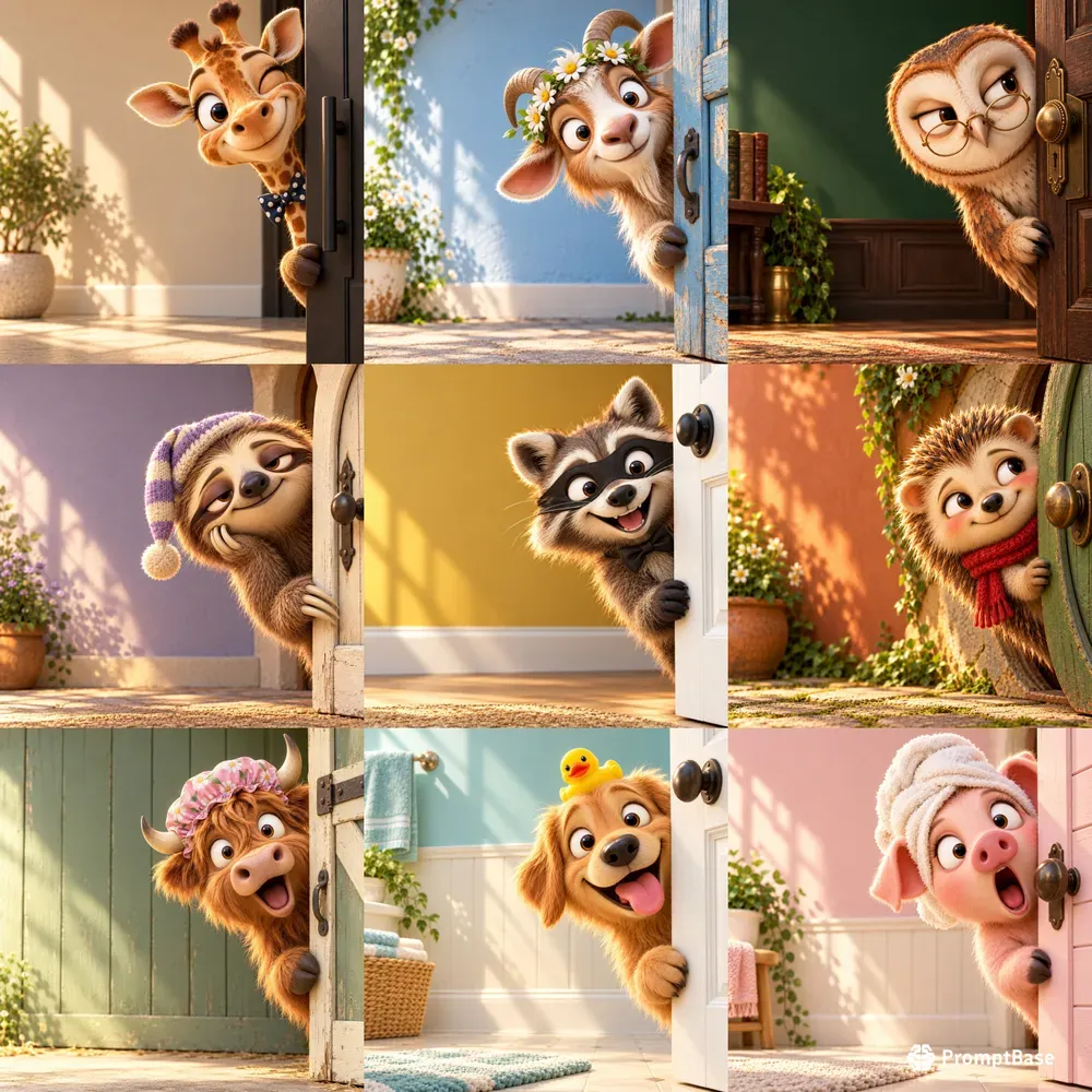 Cartoon Animals Peeking Around Doors