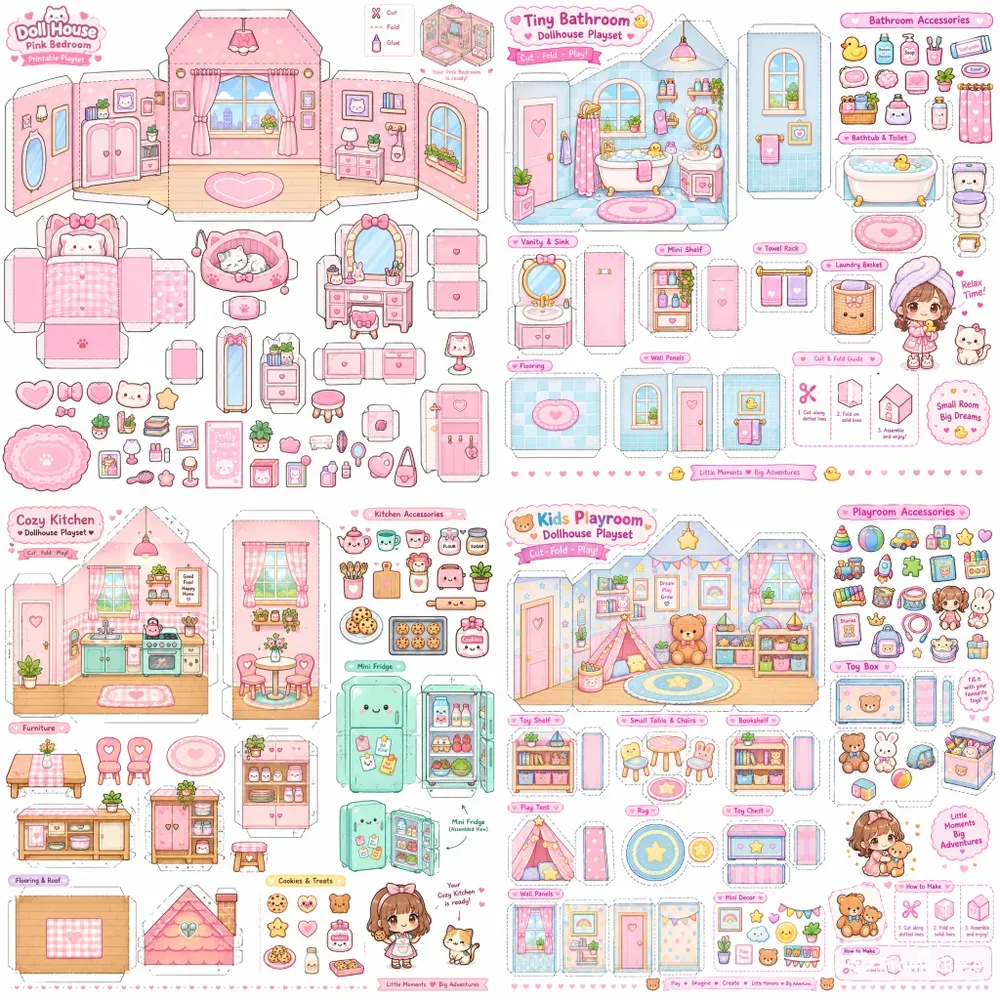 Cute Doll House Printable Playsets