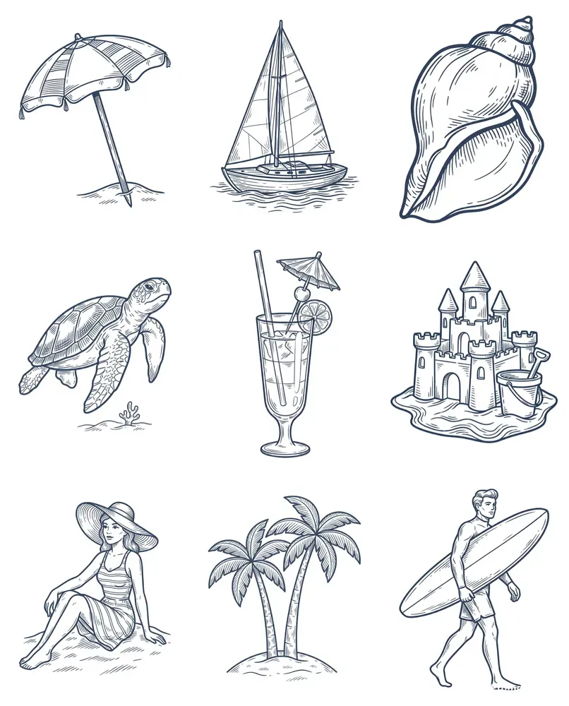 Vintage Beach Line Art Icons