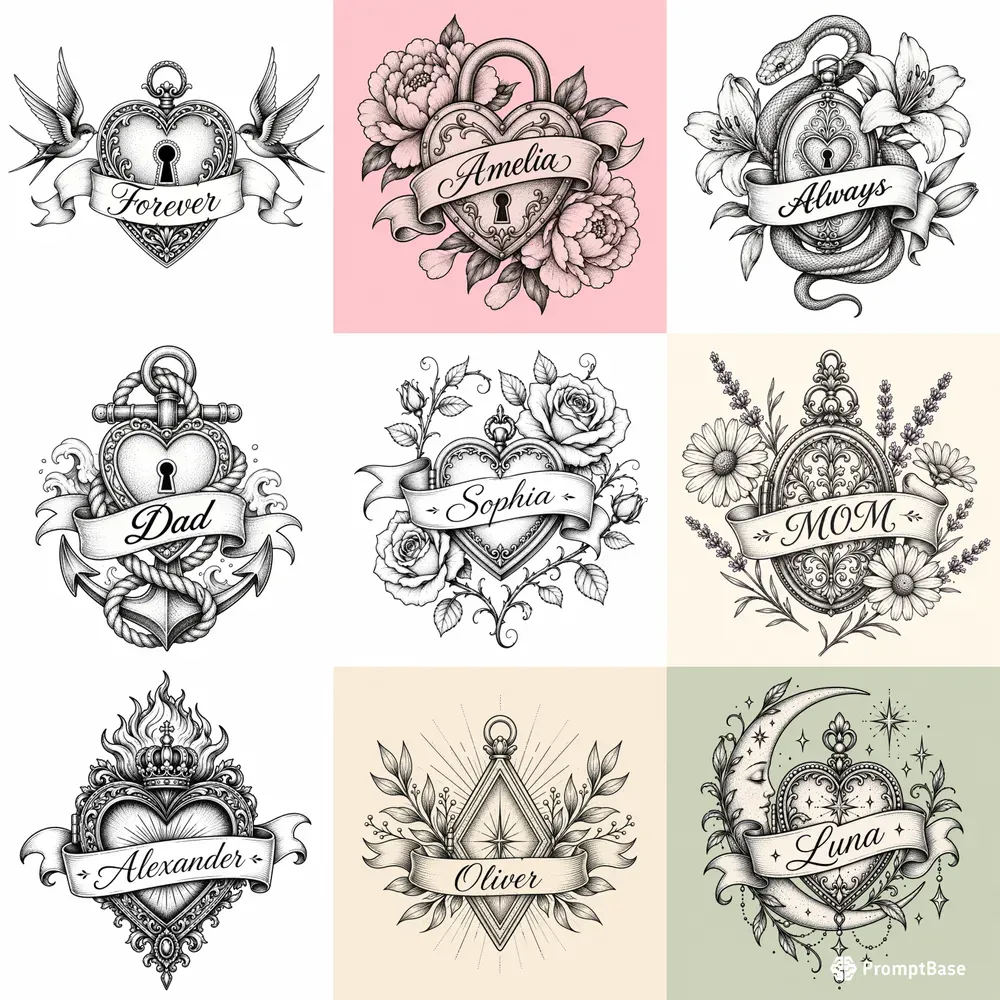 Minimalist Vintage Locket Tattoo Cliparts