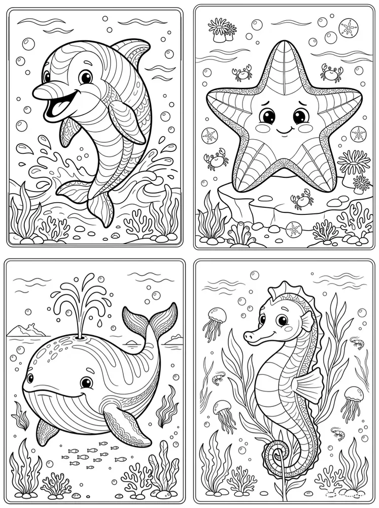 Line Art Sea Animals Coloring Pages