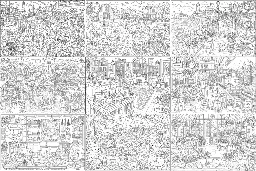 Scene Coloring Book Spreads