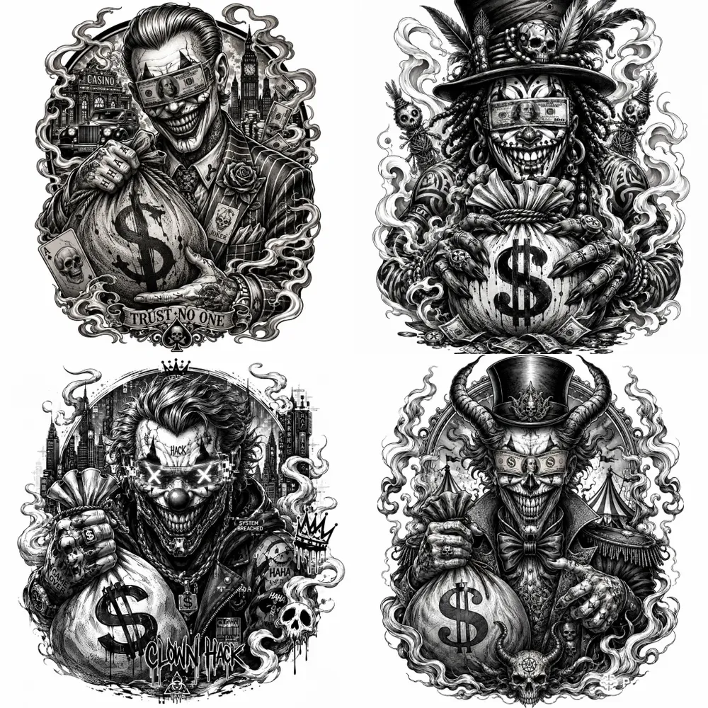 Greed Grin Dark Money Clown Tattoo Series