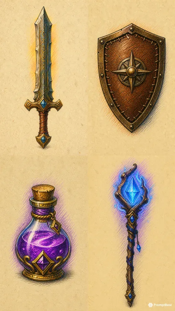 Rustic Pencil Sketch RPG Game Icons