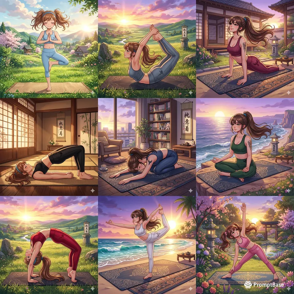 Anime Style Yoga Pose Illustrations