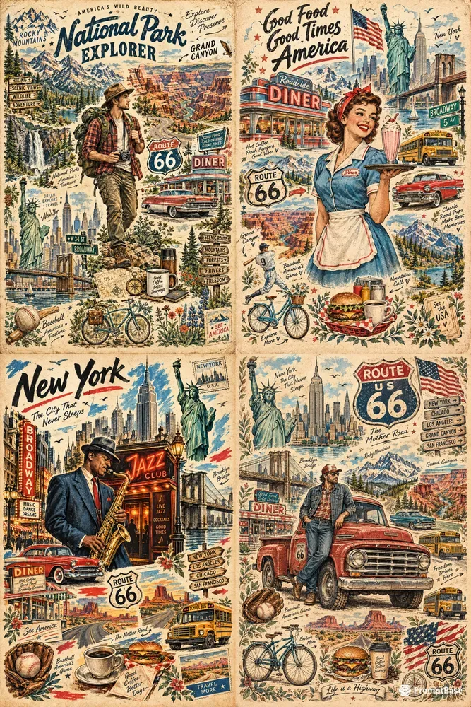 America Vintage Travel Collages
